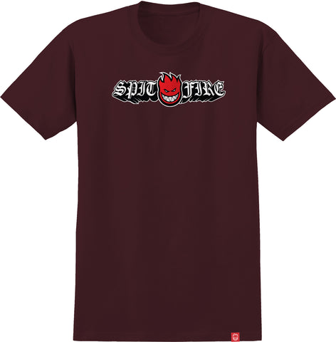 SPITFIRE OLD E DROP BIGHEAD TEE BURGUNDY w/ RED, BLACK & WHITE PRINT