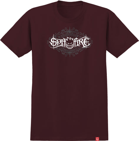 SPITFIRE DAMNED S/S T-SHIRT BURGUNDY w/ WHITE & GREY Print