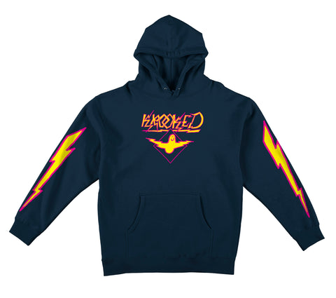 KROOKED BIRD LIGHTNING SLEEVE PULLOVER HOODED SWEATSHIRT CLASSIC NAVY w/ MAGENTA & YELLOW Prints