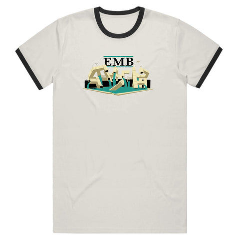 REAL EMB RINGER TEE NATURAL & BLACK w/ MULTI COLOR PRINT