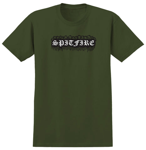 SPITFIRE OLD E BARBED TEE MILITARY GREEN w/ BLACK & WHITE PRINT