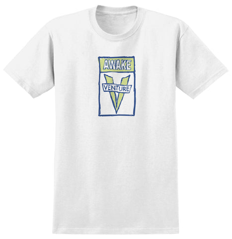 VENTURE SCRIBBLE AWAKE TEE WHITE w/ LIGHT GREEN AND BLUE PRINT