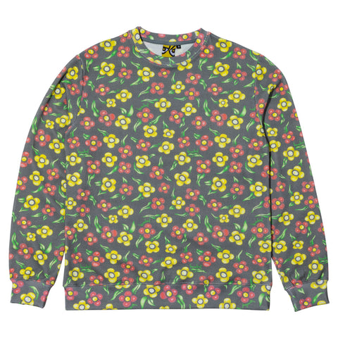 KROOKED PAINTED FLOWERS WAFFLE KNIT THERMAL CREWNECK MULTI COLOR