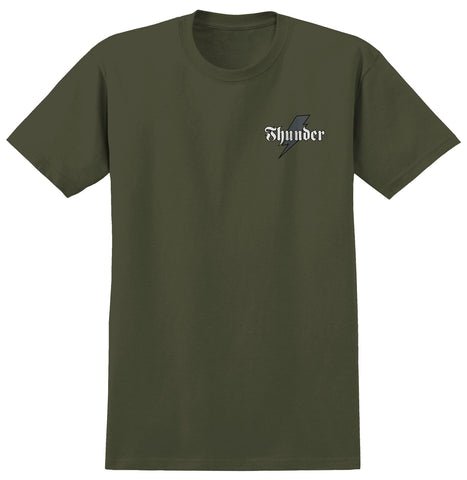 THUNDER BOLT SCRIPT TEE MILITARY GREEN w/ GREY, WHITE & BLACK PRINTS