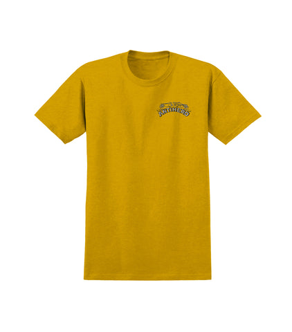 ANTIHERO CUSTOMS TEE HEATHER MUSTARD w/ BLACK & METALLIC SILVER PRINTS