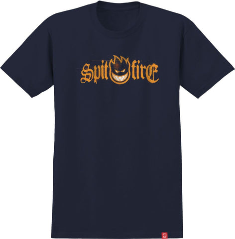 SPITFIRE BIGHEAD TONER TEE NAVY w/ ORANGE, BLACK & WHITE PRINT