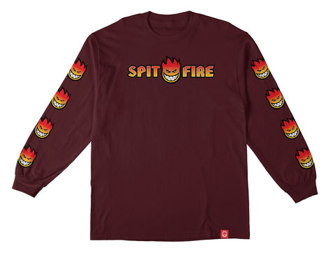 SPITFIRE OG SPLIT BIGHEAD FADE FILL SLEEVE L/S TEE MAROON w/ MULTI COLOR PRINTS