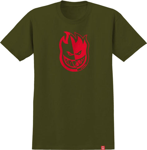 SPITFIRE BIGHEAD SPLIT MID TEE MILITARY GREEN w/ RED PRINT