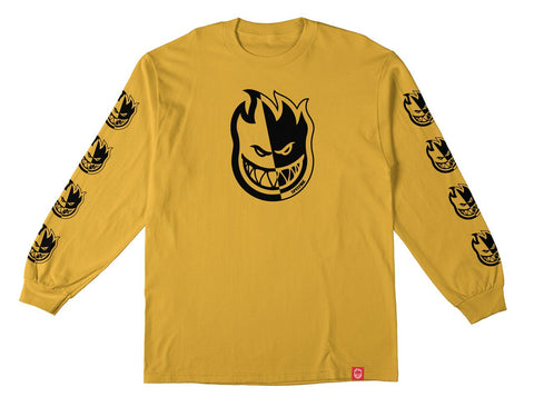 SPITFIRE BIGHEAD SPLIT SLEEVE GARMENT-DYED L/S TEE MUSTARD w/ BLACK PRINTS