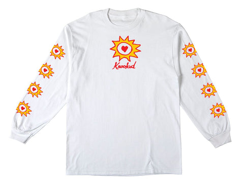 KROOKED SUN HEART SLEEVE L/S TEE WHITE w/ RED & YELLOW PREMIUM PRINTS