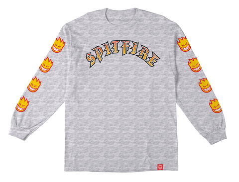 SPITFIRE OLD E BIGHEAD FILL SLEEVE L/S TEE ASH w/ YELLOW & RED PRINTS