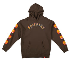 SPITFIRE OLD E BIGHEAD FILL SLEEVE HOOD BROWN w/ GOLD, RED,WHITE & BLACK PRINTS