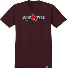 SPITFIRE OLD E DROP BIGHEAD TEE BURGUNDY w/ RED, BLACK & WHITE PRINT