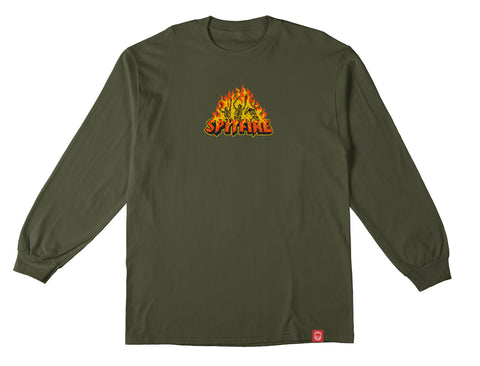 SPITFIRE HELLFIRE L/S TEE MILITARY GREEN w/ MULTI COLOR PRINT