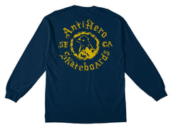 ANTIHERO PIGEON MOTION L/S POCKET TEE NAVY w/ YELLOW PRINTS