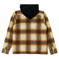 KROOKED DOUBLE OK HOODED FLANNEL SHIRT BROWN / TAN PLAID w/ MULTI COLOR PATCH