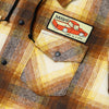 KROOKED DOUBLE OK HOODED FLANNEL SHIRT BROWN / TAN PLAID w/ MULTI COLOR PATCH