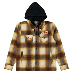 KROOKED DOUBLE OK HOODED FLANNEL SHIRT BROWN / TAN PLAID w/ MULTI COLOR PATCH