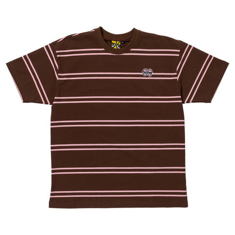 KROOKED EYES EMB STRIPE HEAVYWEIGHT YARN DYE TEE BROWN / PINK w/ PINK, BLACK & WHITE EMBROIDERY