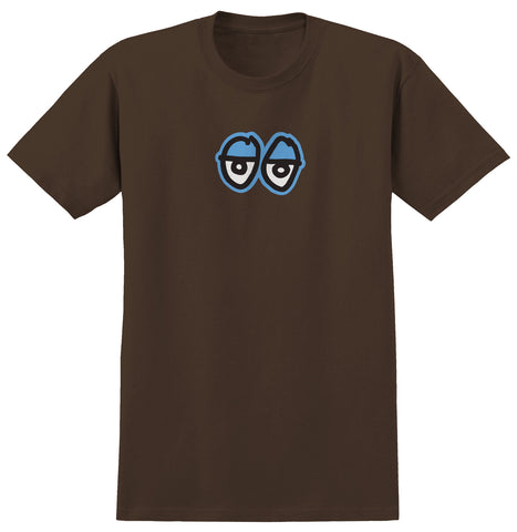 KROOKED EYES LG RINGSPUN TEE BROWN w/ BLUE, BLACK, & WHITE PRINT