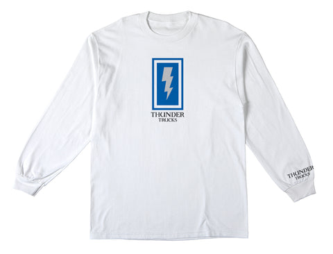 THUNDER BOXED BOLT L/S TEE WHITE w/ BLUE, GREY & BLACK PRINT & BLACK EMBROIDERY