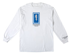 THUNDER BOXED BOLT L/S TEE WHITE w/ BLUE, GREY & BLACK PRINT & BLACK EMBROIDERY