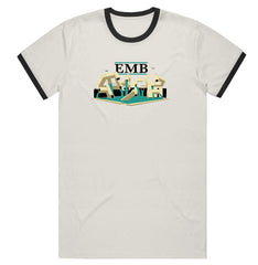 REAL EMB RINGER TEE NATURAL & BLACK w/ MULTI COLOR PRINT