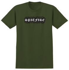 SPITFIRE OLD E BARBED TEE MILITARY GREEN w/ BLACK & WHITE PRINT