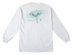 Back of white long sleeve tee - 6.0 oz, 100% cotton white w/ large green back print ("Thunder Trucks" and "Gas Giants" and an illustration of a black hole, with image of Saturn)