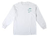 Front of white long sleeve tee - 6.0 oz, 100% cotton white w/ small green left chest print ("Thunder", with image of Saturn)