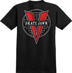 Back of black 6.0 oz, 100% cotton tee with  red & white screened back print of Skate Jawn manhole logo mixed with Venture's V logo
