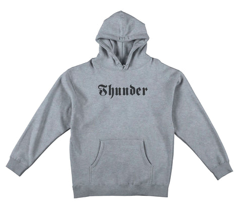 THUNDER SCRIPT EMB HOOD HEATHER GREY w/ BLACK EMBROIDERY