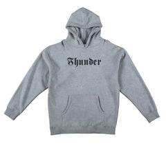 THUNDER SCRIPT EMB HOOD HEATHER GREY w/ BLACK EMBROIDERY