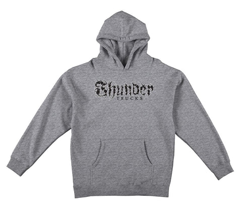 THUNDER VERTEBRAE SCRIPT HOOD HEATHER GREY w/ BLACK & WHITE PRINT