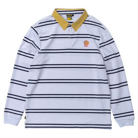 KROOKED SUN HEART RUGBY SHIRT WHITE/NAVY w/ YELLOW & RED EMBROIDERY