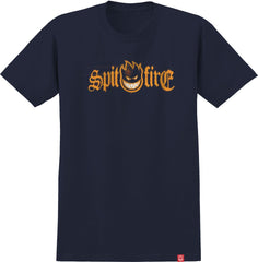 SPITFIRE BIGHEAD TONER TEE NAVY w/ ORANGE, BLACK & WHITE PRINT