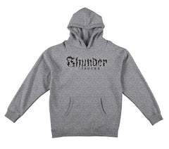 THUNDER VERTEBRAE SCRIPT BOX FIT HOOD HEATHER GREY w/ BLACK & WHITE PRINT