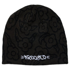KROOKED BRUSH SKRIPT FLOWERS SKULLY BEANIE BLACK / WHITE