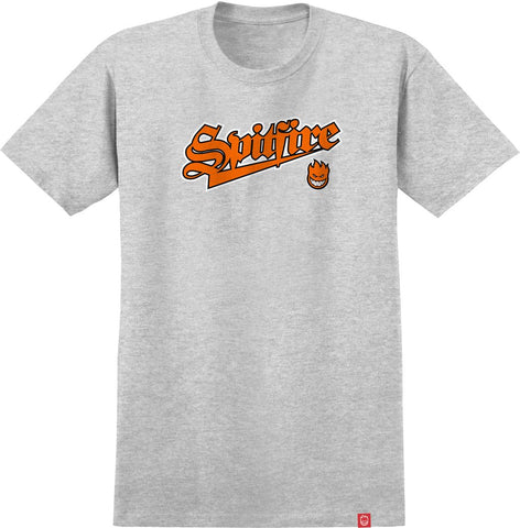 SPITFIRE BASEBALL BIGHEAD TEE HEATHER GREY w/ ORANGE, BLACK & WHITE PRINT