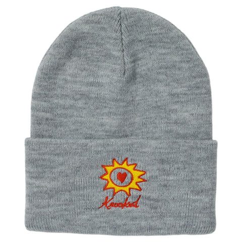 KROOKED SUN HEART CUFF BEANIE HEATHER GREY w/ MULTI COLOR EMBROIDERY